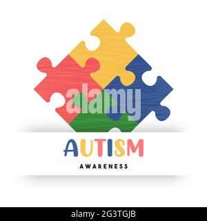 Autismo giorno di consapevolezza biglietto di saluto illustrazione di sfondo puzzle colorato. Diverso concetto di capretto, supporto di psicologia o disegno educativo per aprile Illustrazione Vettoriale