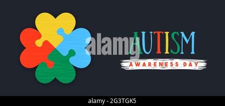 Autismo giorno di consapevolezza banner web illustrazione di puzzle colorato gioco fatto con forma del cuore. Concetto di amore per la famiglia, supporto psicologico o istruzione desig Illustrazione Vettoriale