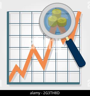 Grafico di crescita e una lente di ingrandimento che mette a fuoco su un punto con le monete. Rappresentare la ricchezza e la crescita finanziaria. Illustrazione Vettoriale