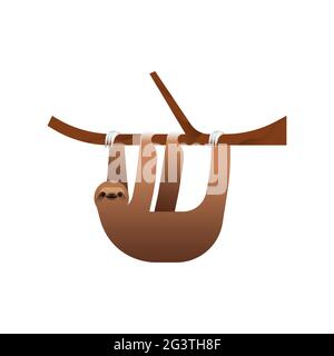 Immagine inclinata appesa al ramo dell'albero su sfondo bianco isolato. Concetto esotico animale della giungla. Design educativo della fauna selvatica in cartone animato moderno Illustrazione Vettoriale