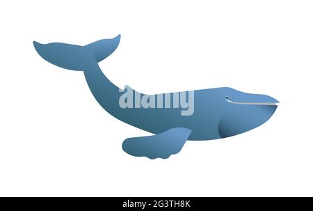 Illustrazione di una balena azzurra su sfondo bianco isolato. Concetto di animale mammifero marino in pericolo. Progettazione educativa della fauna selvatica in cartoni animati moderni sty Illustrazione Vettoriale