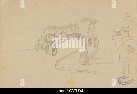 Vista del Rokin ad Amsterdam. Con carrelli e figure. Nella curva probabilmente l'associazione di artisti arti et Amicitiae. Verso una tabella con le aliquote fiscali. Foto Stock