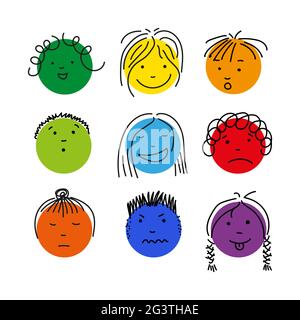 Le persone colorate affrontano la collezione di doodle con diverse emozioni e gesti d'umore. Il set di cartoni animati isolati disegnati a mano infantile include una cha arrabbiata, triste e divertente Illustrazione Vettoriale