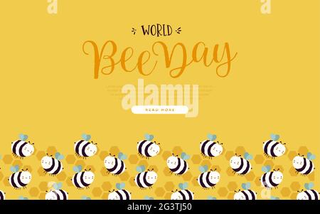 World Bee Day web template illustrazione di carino bumblebee swame in divertente bambini stile cartone animato. Design eco-compatibile per eventi di vacanza con spazio per la copia. Illustrazione Vettoriale