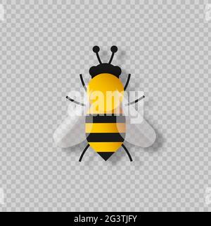 Un insetto di ape giallo tagliato di carta su sfondo trasparente isolato. Moderno concetto di illustrazione 3d papercut per la protezione della natura o la stagione primaverile. Illustrazione Vettoriale