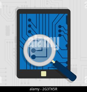 Analizzare l'hardware e il circuito elettronico del tablet con una lente di ingrandimento. Illustrazione Vettoriale