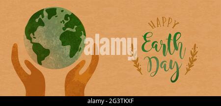 Happy Earth Day banner web illustrazione del mondo acquerello verde con scritta a mano citazione. Ambiente cura aprile 22 vacanza design in ricicla Illustrazione Vettoriale