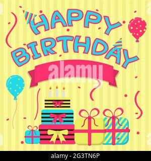 Buon compleanno carta colorata con un nastro per inserire il testo. Torta e regali Illustrazione Vettoriale