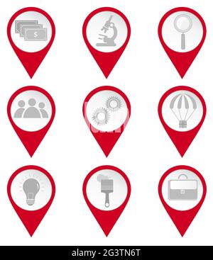 Icone dei perni della mappa di affari e di istruzione: Soldi, microscopio, lente d'ingrandimento, persone, attrezzi, consegna, lampadina, pennello, valigetta executive. W Illustrazione Vettoriale