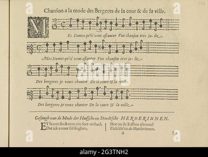 Canto in due lingue, pagina 1; Chanson a la Mode des Bergeres de la Cour & de la Ville / Genangh della Moda della Hoofsche e Steedtsche Herderinen; Les Vrais Pourtratti i Quelques unes DES Plus Grandes Ladies De la Chesteden DESGUISEES e Bergeres .. Singanges in dieci quaterrains francofoni e olandesi, su tre pagine: Pagina 1. Il primo quatrain in lingua francese tra quattro travi a noci. Il testo inizia con un iniziale decorato M. la lama fa parte di un album. Foto Stock