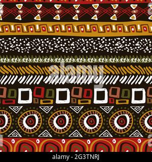 Abstract arte africana stile modello senza giunture. Disegnato a mano decorazione tribale sfondo con boho doodle forme e simboli etnici. Illustrazione Vettoriale