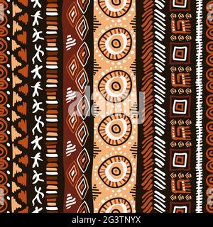 Abstract arte africana stile modello senza giunture. Disegnato a mano decorazione tribale sfondo con boho doodle forme e simboli etnici. Illustrazione Vettoriale