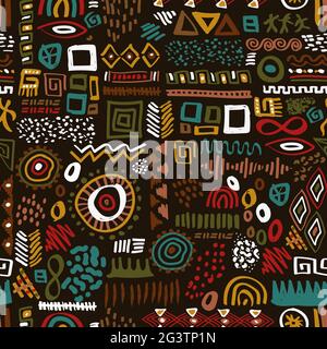 Abstract arte africana stile modello senza giunture. Disegnato a mano decorazione tribale sfondo con boho doodle forme e simboli etnici. Illustrazione Vettoriale