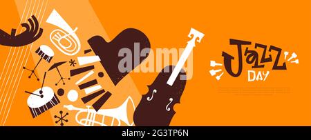 Aprile 30 Jazz Day web template illustrazione di divertenti strumenti musicali band. Include tromba, sassofono, pianoforte e tamburo in cartoon retrò di metà secolo Illustrazione Vettoriale