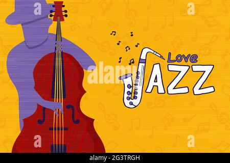 Musica jazz amore illustrazione concetto di membro del gruppo che suona violoncello strumento musicale in stile retrò cartone animato. Illustrazione Vettoriale