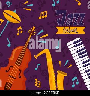 Poster dell'evento Jazz Festival che mostra gli strumenti colorati della band musicale. Include tromba, sassofono, pianoforte e tamburo in stile cartoon piano. Illustrazione Vettoriale