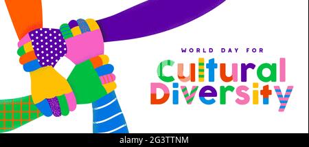 Giornata mondiale per la diversità culturale biglietto di auguri illustrazione di persone colorate mani che tengono insieme le braccia, il concetto di sostegno amicizia. Etnie diverse Illustrazione Vettoriale