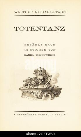 Pagina del titolo con vignette di cranio, clessidra, falce, lampada e urna funeraria. Incisione su copperplate disegnata e incisa da Daniel Nikolaus Chodowiecki da una serie di Danza della morte, originariamente pubblicata nel Calendario di Lavenburg nel 1792. Ristampato a Totentanz dalle copperplate originali di Walther Nithack-Stahn, Eigenbrodler Verlag, Berlino, 1926. Foto Stock