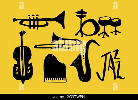 Jazz strumento musicale doodle set illustrazione, disegni a mano decorazione di musica cartoon. Include pianoforte, sassofono, tromba e batteria. Illustrazione Vettoriale