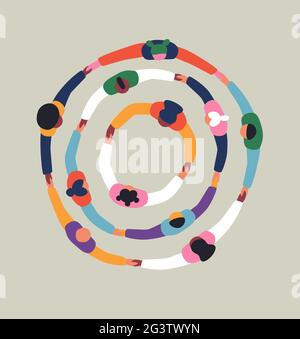 Un grande gruppo di persone che tengono insieme le mani creando una forma circolare. Variopinto concetto di team di amici, comunità unita o auto di cooperazione sociale Illustrazione Vettoriale