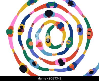 Un grande gruppo di persone che tengono insieme le mani creando una forma circolare. Variopinto concetto di team di amici, comunità unita o auto di cooperazione sociale Illustrazione Vettoriale