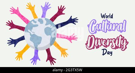 World Cultural Diversity Day web banner illustrazione di diverse persone mani da tutto il pianeta cresciuto insieme. Illustrazione Vettoriale
