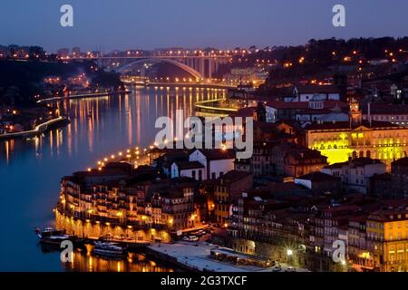 View of Porto and the Douro from the Serra do Pilar at dusk Stock Photo