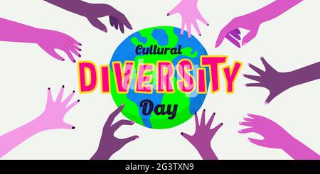 World Cultural Diversity banner web di persone variopinte e diverse mani mescolate insieme per il concetto di lavoro di squadra. 21 maggio internazionale evento di progettazione. Illustrazione Vettoriale