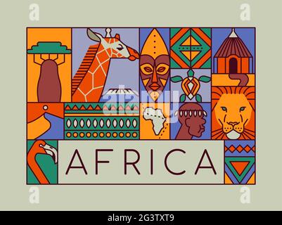 Concetto di illustrazione della cultura del continente africano. Disegno di viaggio africano o sfondo di celebrazione etnica di cartone animato piatto animale e stile di vita decorazione Illustrazione Vettoriale