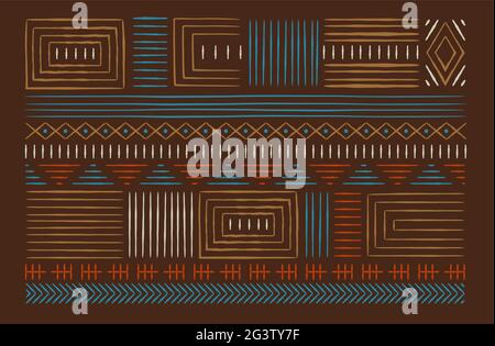 Sfondo colorato di arte africana in stile tradizionale disegnato a mano. Set di simboli della cultura etnica africana, forme antiche indiane e stampa animale d Illustrazione Vettoriale