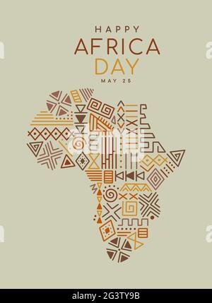 Illustrazione del biglietto d'auguri per il giorno dell'Africa, colorata mappa del continente africano fatta di icone tradizionali d'arte tribale retrò. 25 può evento design per freedo Illustrazione Vettoriale