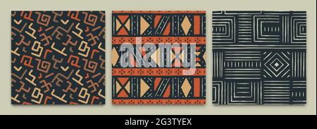 Set di modelli senza giunture in stile astratto africano. Collezione di sfondo con decorazioni tribali disegnate a mano con boho doodle forme e simboli etnici. Illustrazione Vettoriale