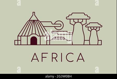 l'africa in bianco e nero viaggio concetto illustrazione del paesaggio africano tradizionale con casa di fango, albero di baobab. Cartoni animati semplici su ba isolata Illustrazione Vettoriale