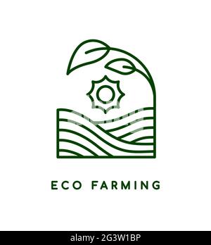 Informazioni sull'illustrazione dell'icona Eco Farming. Moderna linea piatta simbolo di campo rurale fattoria con sole e foglia di pianta per la raccolta biologica o progettazione di cura della natura. Illustrazione Vettoriale