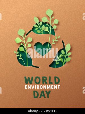 Giornata mondiale dell'ambiente biglietto d'auguri papercut illustrazione di verde foglia di riciclo simbolo con carta 3D artigianato natura decorazione. 5 giugno auto ecologica Illustrazione Vettoriale