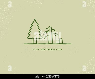 Stop deforestazione stile vintage illustrazione disegnata a mano per campagna eco-friendly o progetto di cura della natura. Pianeta verde con alberi tagliati. Illustrazione Vettoriale