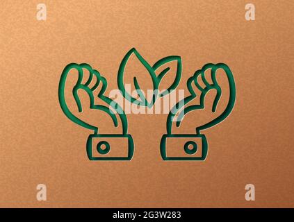 Uomo d'affari verde mani papercut illustrazione con pianta foglia. Stile di vita delle persone eco-friendly, connessione alla natura o concetto ambientale. ritaglio 3d i Illustrazione Vettoriale
