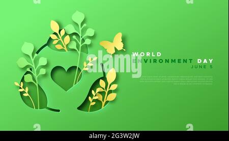 World Environment giorno web template papercut illustrazione di verde pianta foglia riciclare simbolo con carta 3D artigianato natura decorazione e copia spazio. Giugno Illustrazione Vettoriale
