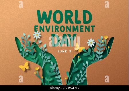Giornata mondiale dell'ambiente biglietto d'auguri papercut illustrazione di persone verdi simbolo a mano con carta 3d artigianato natura decorazione. Giugno 5 cura di ecologia celebrità Illustrazione Vettoriale