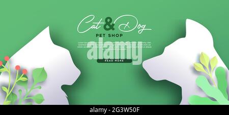 Cat and Dog PET Shop web template illustrazione di animali domestici tagliati in carta con decorazione verde natura in 3d papercut art style. Illustrazione Vettoriale