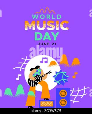 World Music Day web banner illustrazione di una donna musicista che suona la chitarra in moderno colorato stile cartoon piatto. Evento musicale alla moda per le vacanze design fo Illustrazione Vettoriale