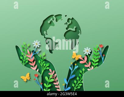 Mano verde della gente illustrazione di papercut con foglia di pianta, giardino di fiore e terra del pianeta. Stile di vita ecocompatibile, connessione con la natura o ambiente Illustrazione Vettoriale