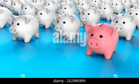Leader di banca piggy. Una folla di banchi di piggy bianchi e una banca di piggy rosa. Speciale banco di piggy. rendering 3d. Foto Stock