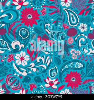 Luminoso intricato paisley Marine LIFE Concept fantasia piante, fiori, fogliame, onde d'acqua, spruzzi, alghe, stelle marine, pesci in tonalità vivaci e rinnovate Illustrazione Vettoriale