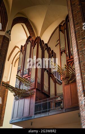 Alti organi a tubo nella Basilica Cattedrale di San Giacomo Apostolo a Szczecin Foto Stock