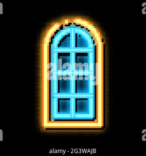 finestra ad arco composta da vetri quadrati al neon, immagine con l'icona a forma di bagliore Illustrazione Vettoriale