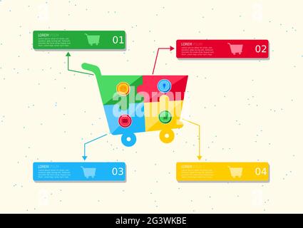 Carrello realizzato con seghetto alternativo e per infografica a colori e icone modello per presentazione e promozione business plan Illustrazione Vettoriale