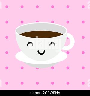 Illustrazione del caffè o della tazza di tè Kawaii. Cute sfondo rosa punteggiato con una tazza bianca con una bevanda calda. Carattere divertente con occhi e bocca. venerdì sorridente Illustrazione Vettoriale