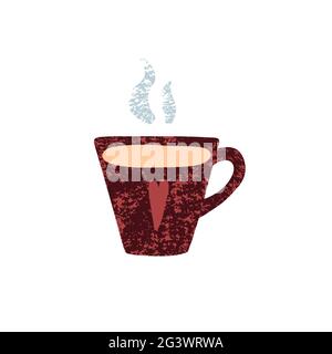 Tazza carina con caffè caldo. Tazza disegnata a mano con tè, caffè isolato su sfondo bianco. Texture Bordeaux, cuore rosso, vapore. Adesivo vettoriale accogliente. Bene Illustrazione Vettoriale