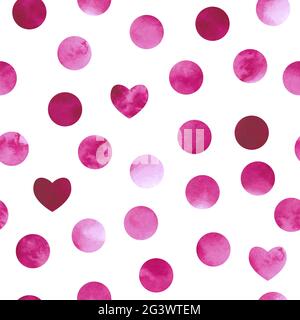 Motivo senza cuciture per San Valentino, 8 marzo, matrimoni, poster. Punti e cuori di colore acquerello rosa su sfondo bianco. Vernici sfocate. Acqua Illustrazione Vettoriale